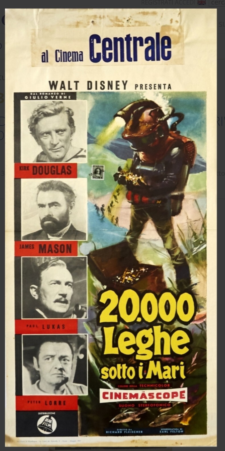 Locandina originale film 20.000 leghe sotto i mari (1954) - Regia di Richard Fleischer
