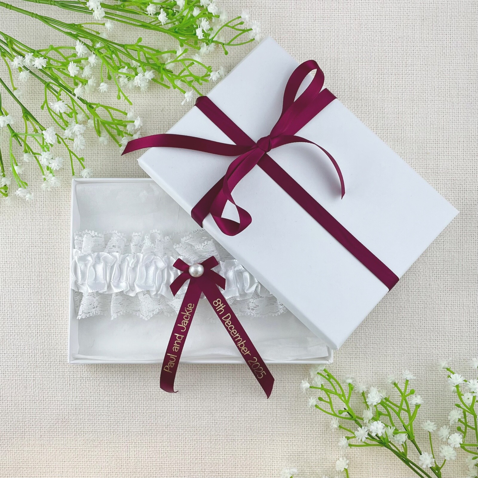 Personalised Garter -  Burgundy with Gold Text -Wedding Bride Lace Hen