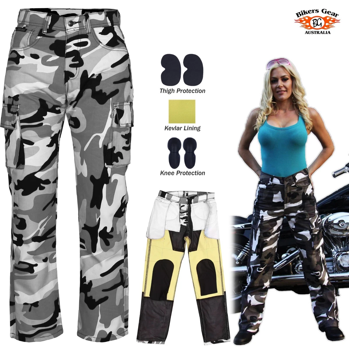 Grey Camo Ladies Motorcycle Jeans DuPont™ Kevlar® Trouser Motorbike  Protectors