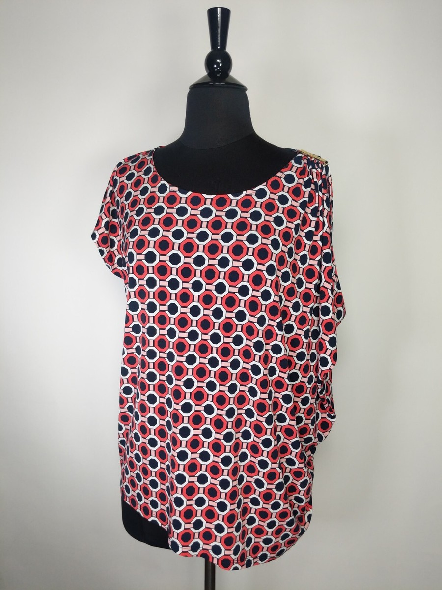 Michael Kors Red Multicolor Geometric Asymmetric Sleeve Top Size