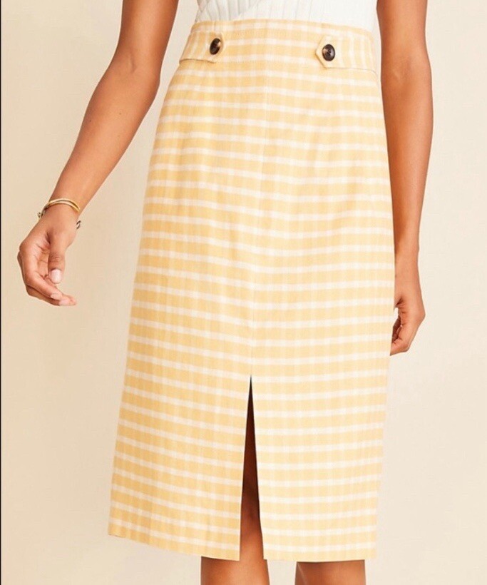 NWT Plaid Pleated Button Tab Pocket Pencil Skirt Yellow Size