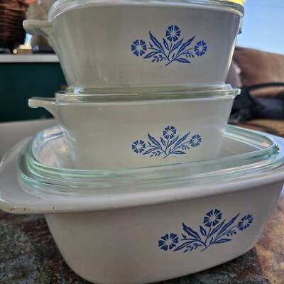 Vintage Corning Ware White Blue Cornflower Piece Oven Set Used Big One  Good