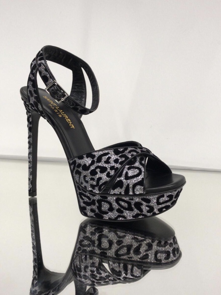 Scarpe Saint Laurent Bianca nere e argento leopardate plateau glitter taglia 39 5