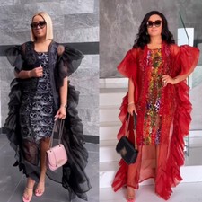 Mesh Ruffle Women African Dashiki Evening Party Gown With Inner Dress Kaftan 2pc