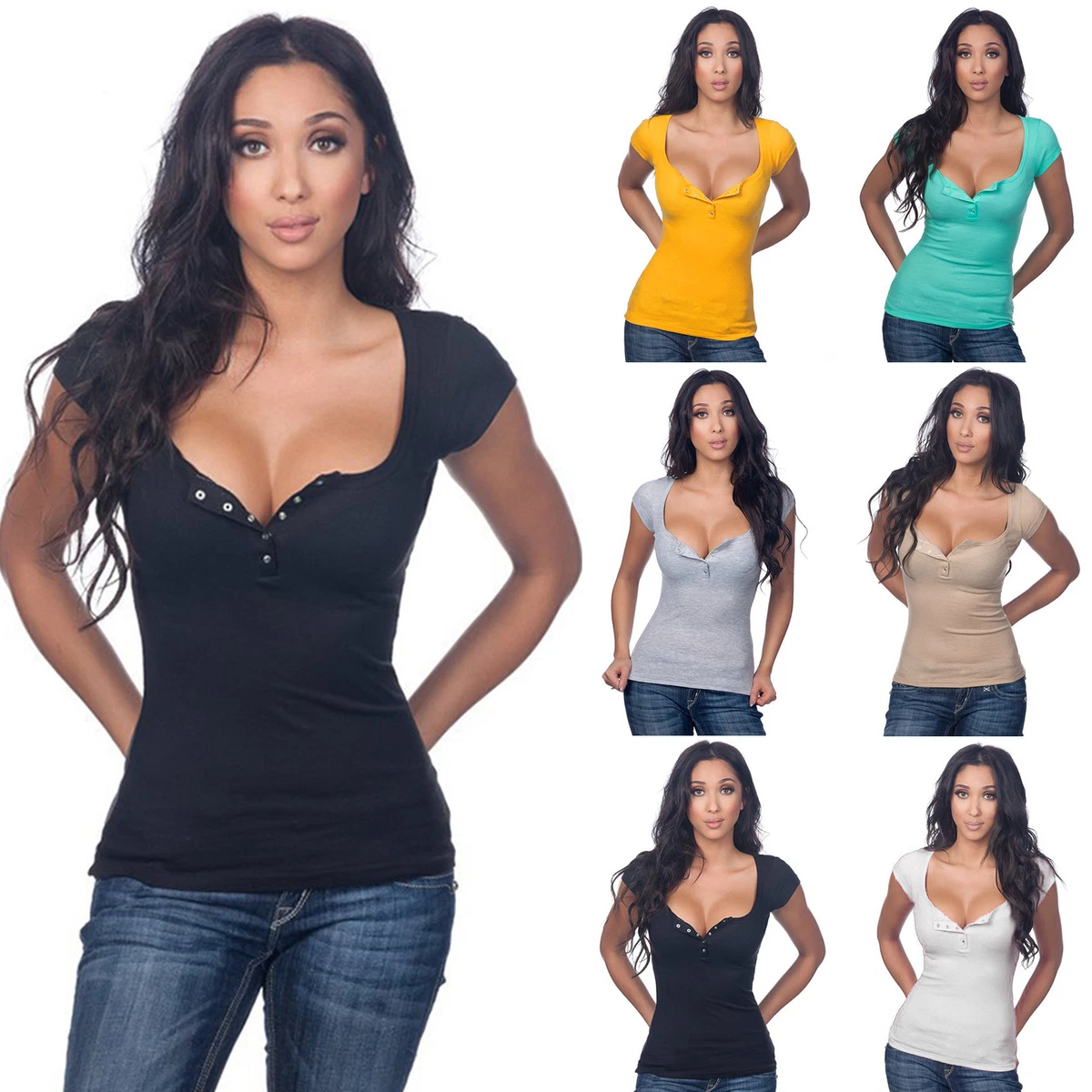 Summer Women Lady V Neck Blouse Top Casual Plunge Cleavage Button Shirt Tops