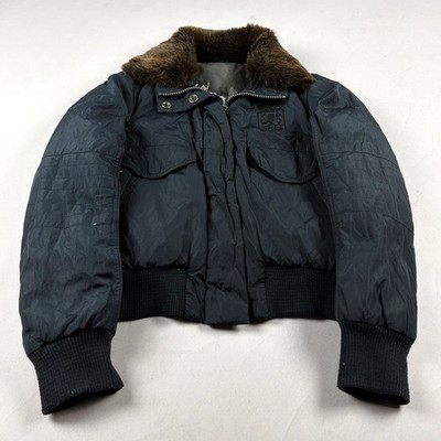 Cropped Puffer Bomber Jacket Faux  Fur Trim Collar Heraldic Patch Techwear Y2K