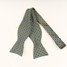 Brooks Brothers Silk Bow Tie Gold Blue Foulard Self Tie Adjustable USA Irregular