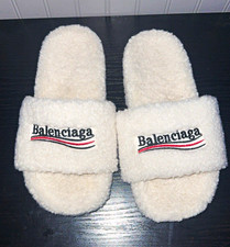 Balenciaga Men's White Faux Fur Slide Slippers Slip-On Lined Rubber Sole