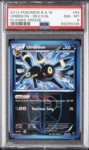 2013 POKEMON B&W PLASMA FREEZE #64 UMBREON-REVERSE FOIL PSA 8