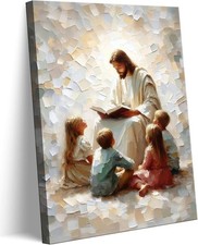 Jesus Teaching Kids Canvas Wall Art Watercolor Christian Children Room Decor