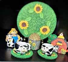 Cow  Sunflower Miniature Ceramic Tea Set   12  Piece Farmhouse Display