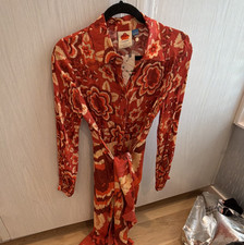 FARM Rio for Anthropologie Floral Shirt Dress Belted Long Sleeve S Red Orange