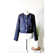 Free Assembly Tweed Jacket Women XS Navy Blue Cropped Boucle Blazer