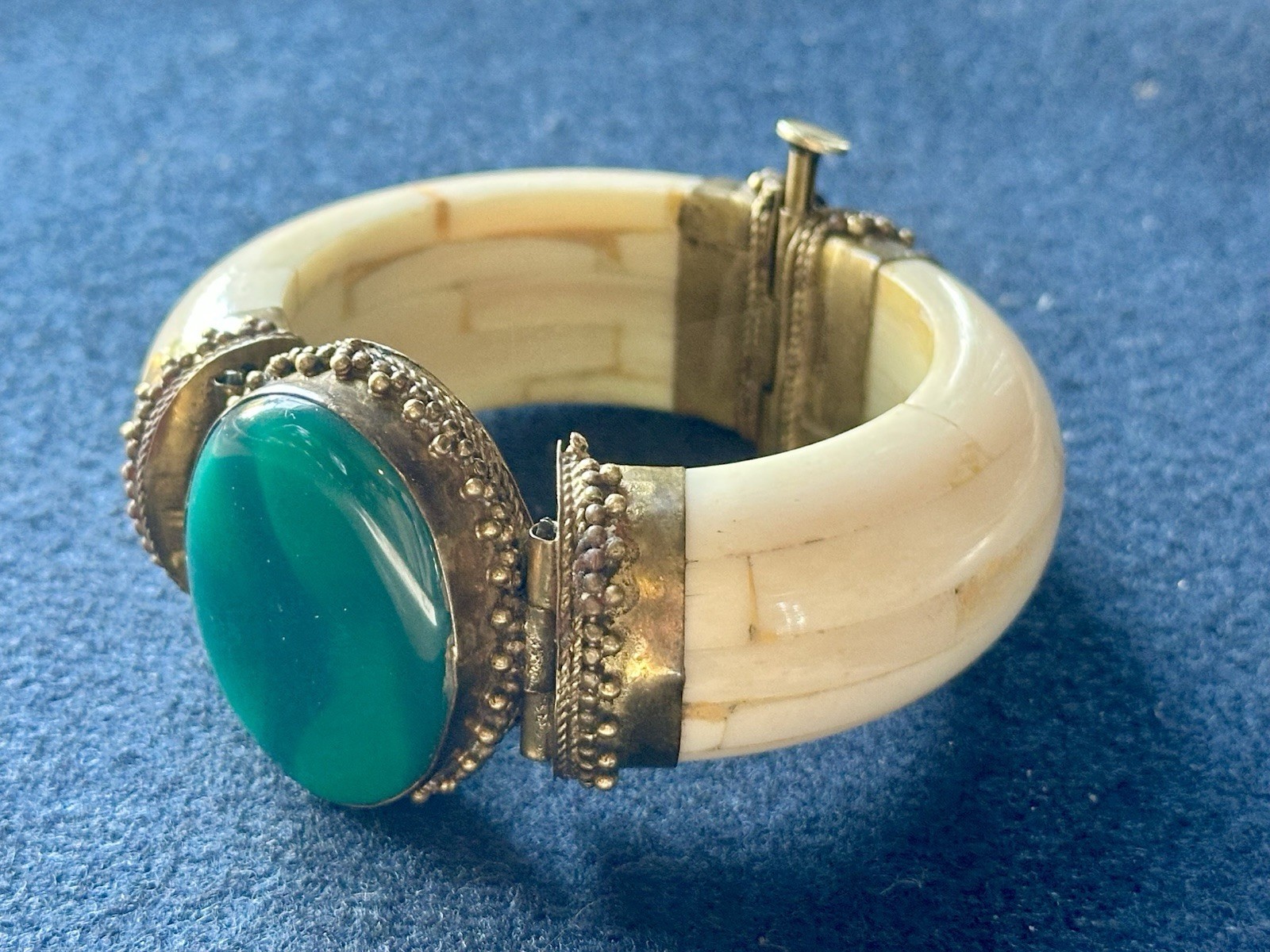 Handcrafted Bone Bangle Bracelet Brass Detail Gre… - image 2