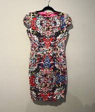 T Tahari Abstract Multicolor Sheath Dress Womens 6 Lined Cap Sleeve Zip
