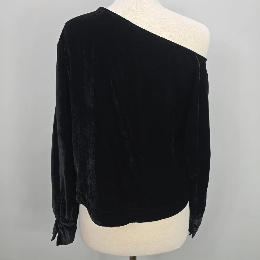 Free People Top M Black Velvet One Shoulder Bishop Sleeve Whimsigoth Boho Witchy - Image 3 of 4