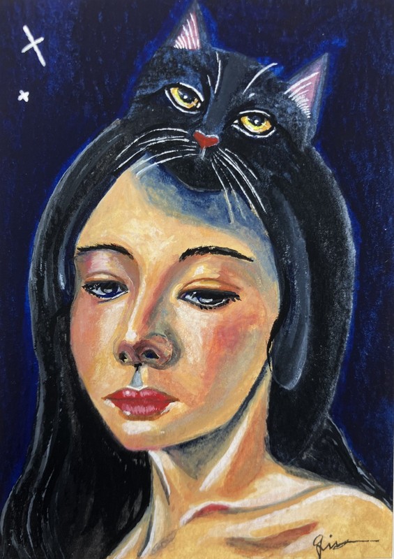 ACEO Original Hand Painted OOAK Cute Black Cat, Lady Not a Print 'Symbiosis'