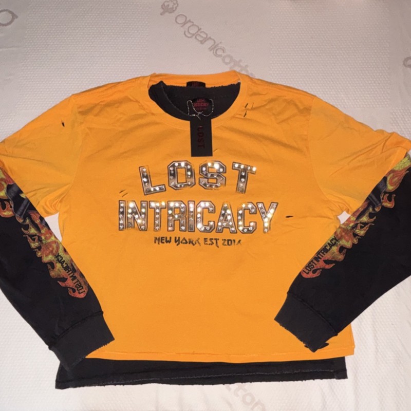 Lost Intricacy Men's Graphic Logo Rhinestone Orange/Black Crew Neck T-Shirt 2XL