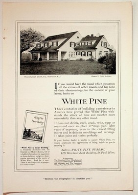 White Pine Bureau Vintage Magazine Ad 1920s Home Building Architecture B&W