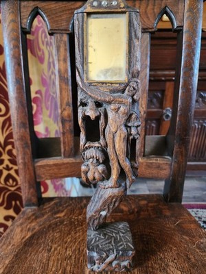 Ausgefallene antike Volkskunst geschnitzte Holzfiguren Handspiegel um 1880