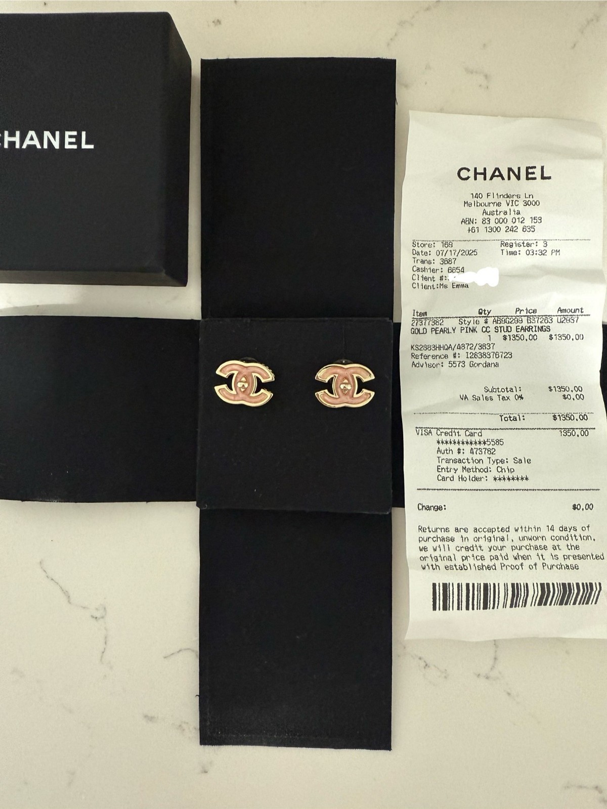 Authentic Chanel Gold Pink Stud Earrings- With Receipt