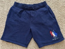Polo Ralph Lauren Navy TRIPLE PONY LOGO Fleece Shorts Boys Pockets Large 14/16
