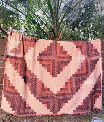 Vintage Handmade Log Cabin Quilt Barn Raising Rust Brown Queen King 92x94 Boho