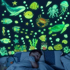 Ocean Fish Wall Decals Glow in The Dark, Removable Sea Turtle Wall Stickers, Lum