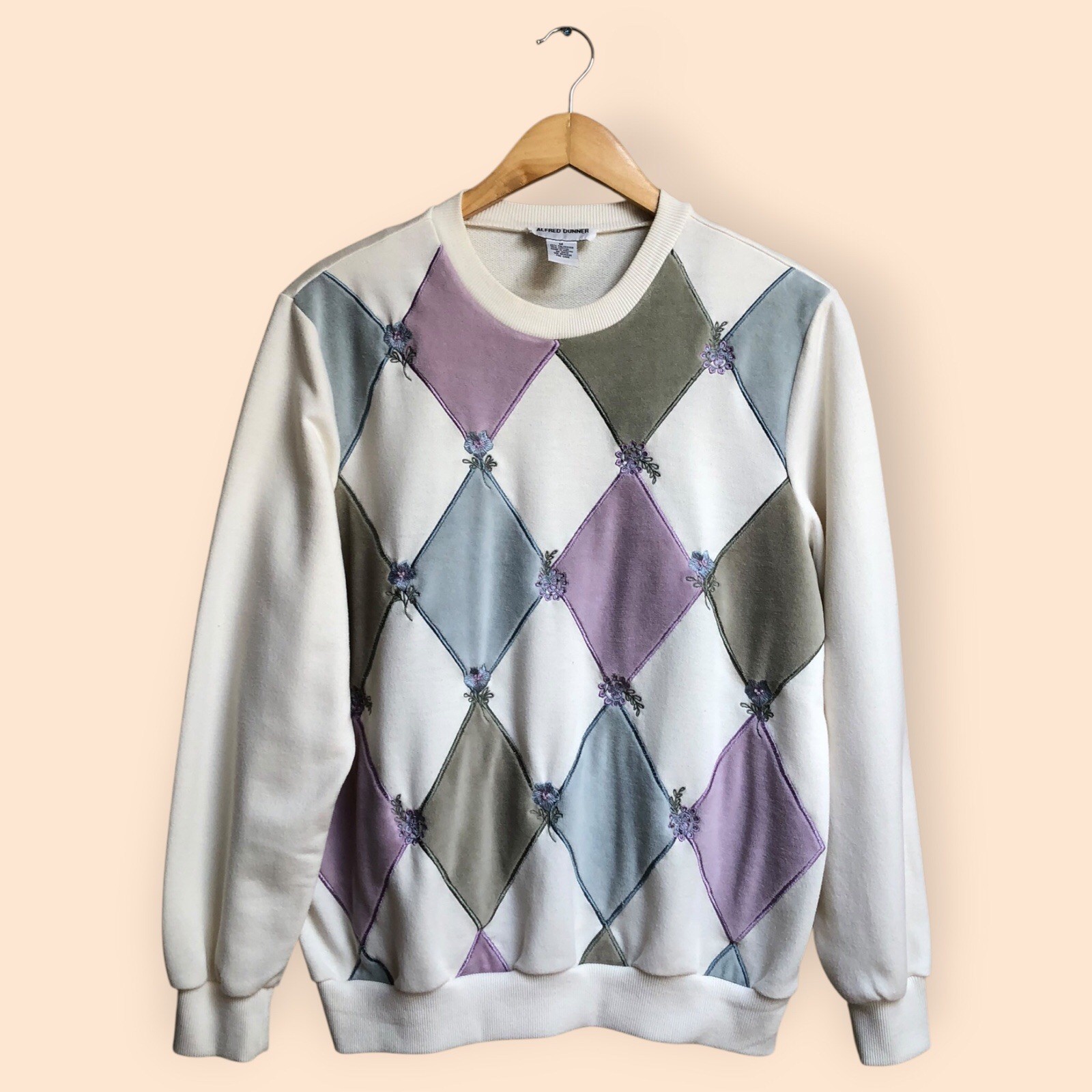 Vintage 80s/90s Alfred Dunner Grandma Sweater Velour Argyle Floral Embroidered M