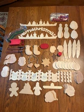 Lot Of 80+ Unfinished Wood Cutouts Ornaments~Snowman~Santa Heads~Sleighs & More