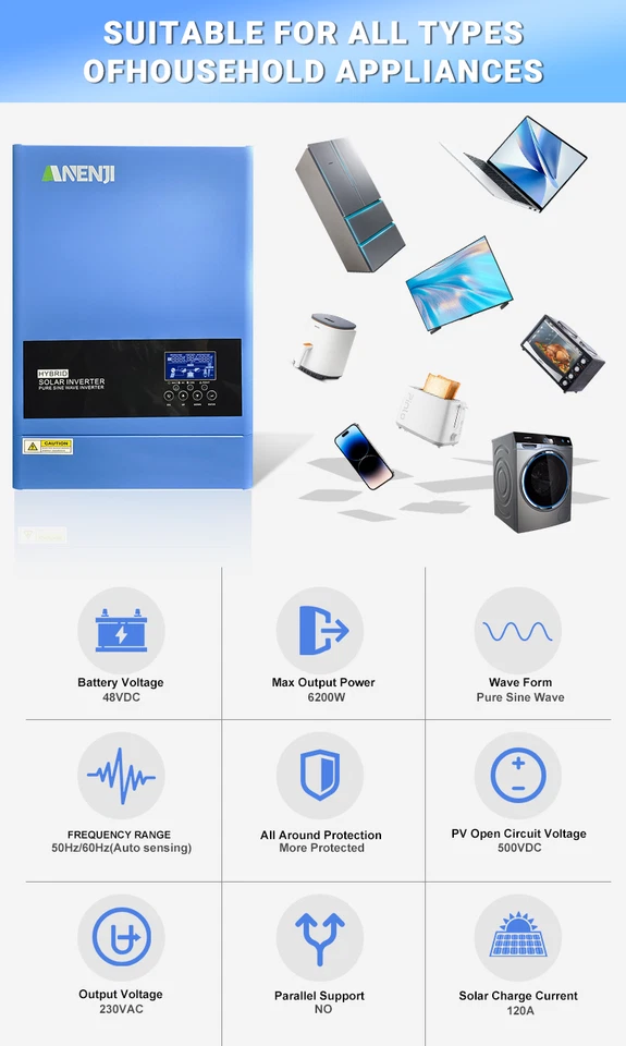 6200W Hybrid Solar Wechselrichter On Off Grid 120A MPPT 220V 48V 500V WIFI 6.2KW - Bild 3 von 4