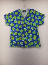 Bonita Scrub Women Top Blue Green Large Pullover Pockets Short Sleeve Frogs