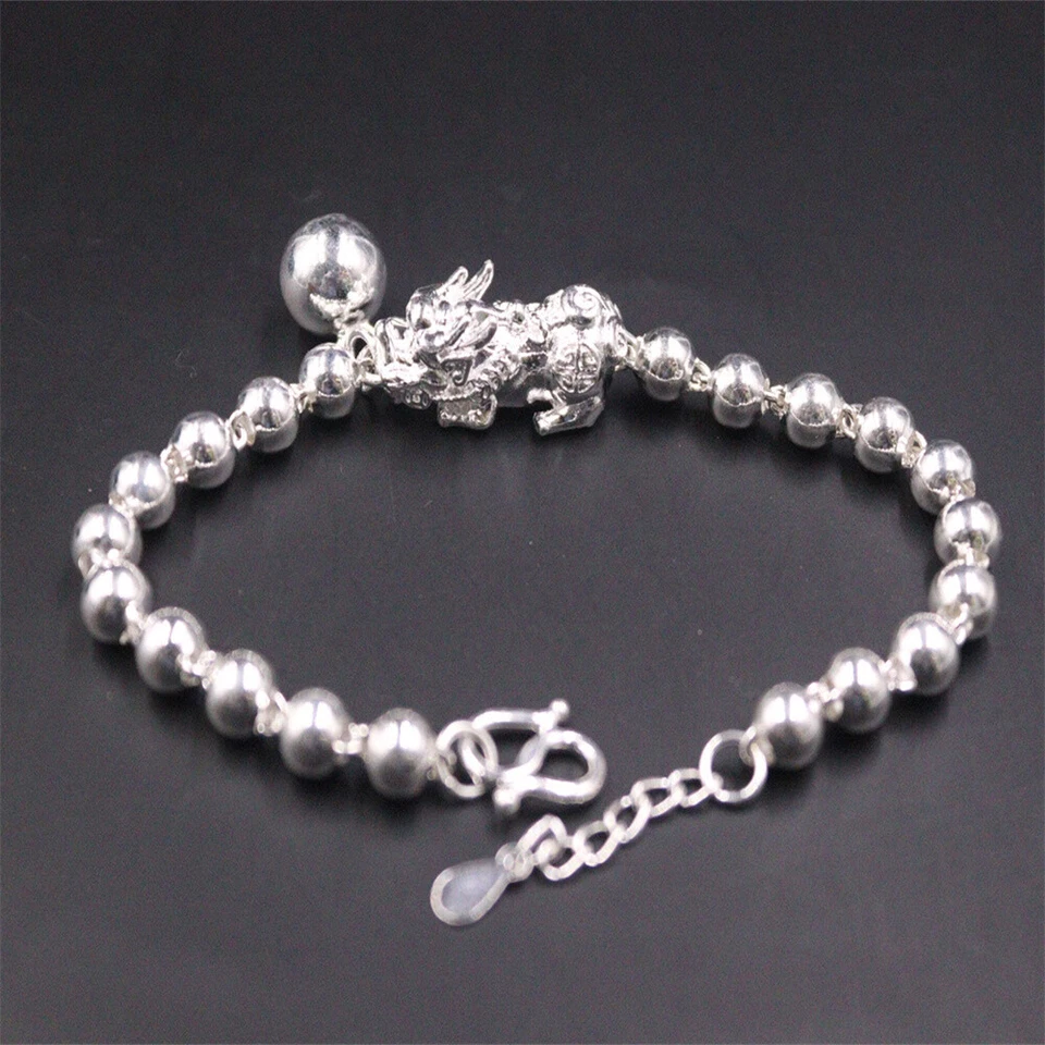 S999 Fine Silver 999 Chain Lucky Pixiu Beads Link Ball Bracelet 12.5g 7.7inch - Image 4 of 4