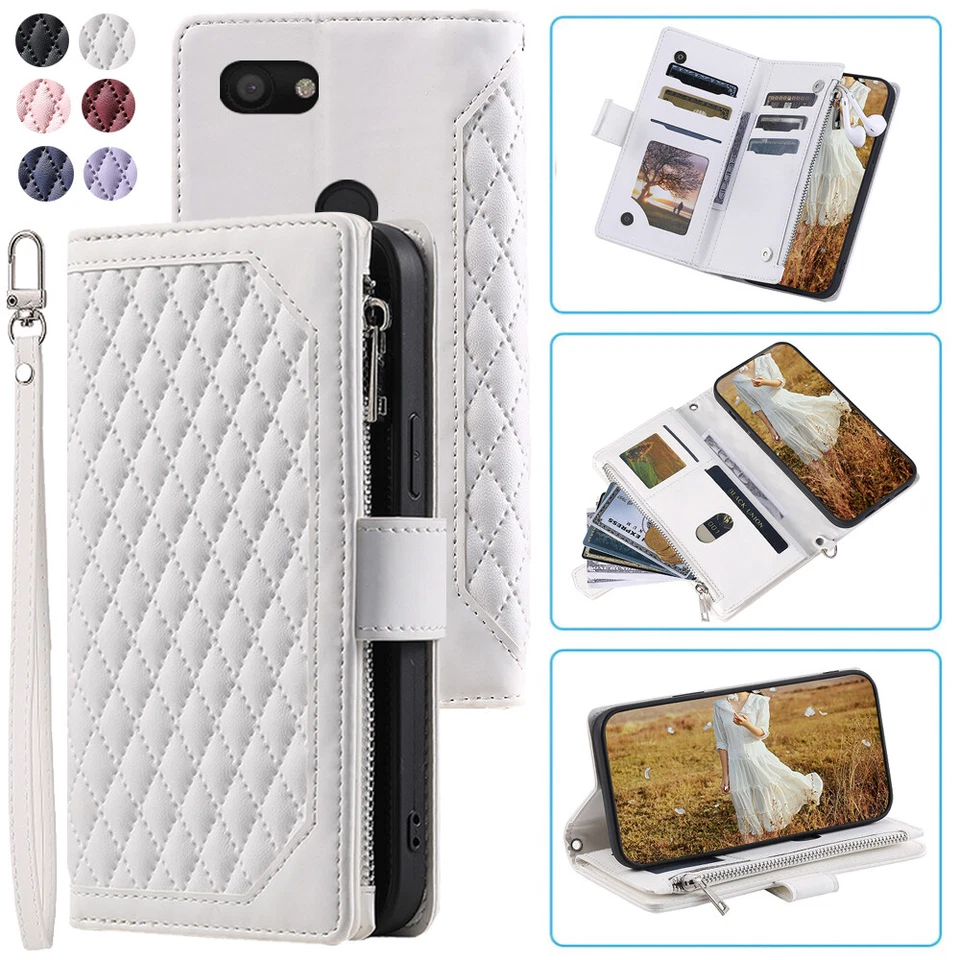 Google Pixel 3A/3A XL Rhombic Wallet Case,Luxury Leather Zipper Flip Card Case - Image 4 of 4