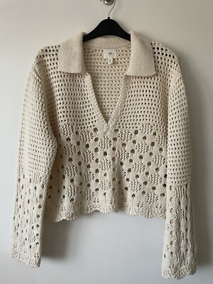 H&M Häkelpullover mit Kragen und V-Ausschnitt creme Baumwolle Größe L einmal getragen