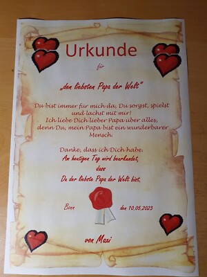 Urkunde zum Vatertag '' Für den liebsten Papa der Welt'' Geschenk Vater