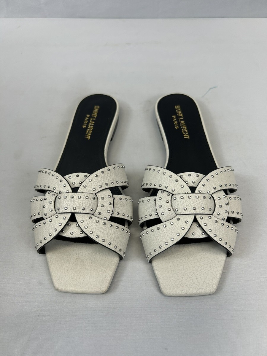 SAINT LAURENT Tribute 05 Embellished Leather Slide in Off