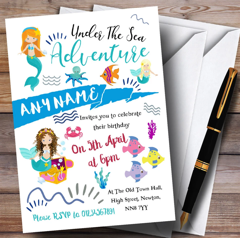 THECARDZOO Under The Sea Mermaid Childrens Birthday Party Invitations