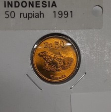1991 Indonesia 50 Rupiah Aluminum-Bronze Coin Komodo Dragon  UNC w/Toning