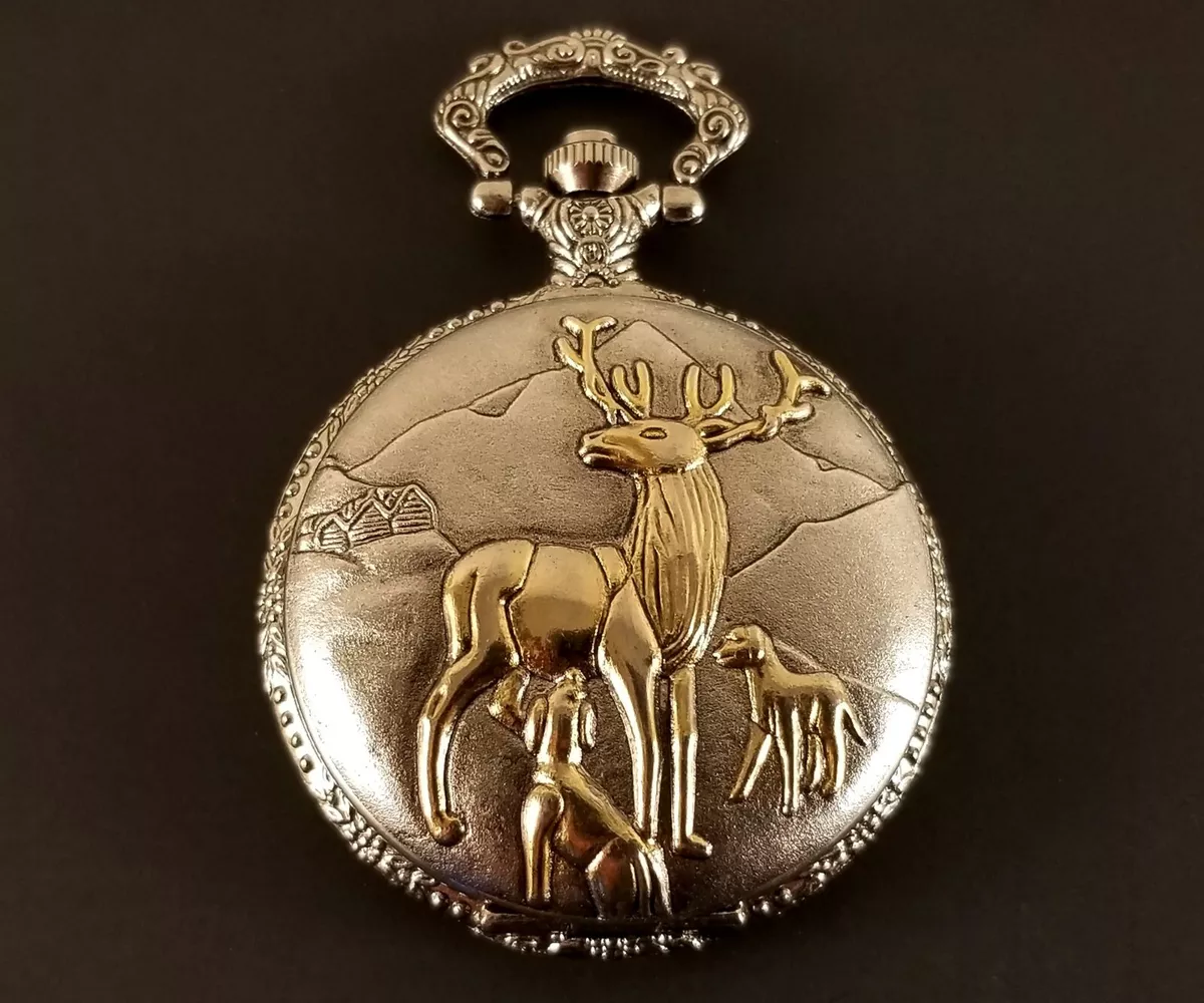 Etlo France Pocket Watch Quartz Silver Tone With Gold Tone Deer