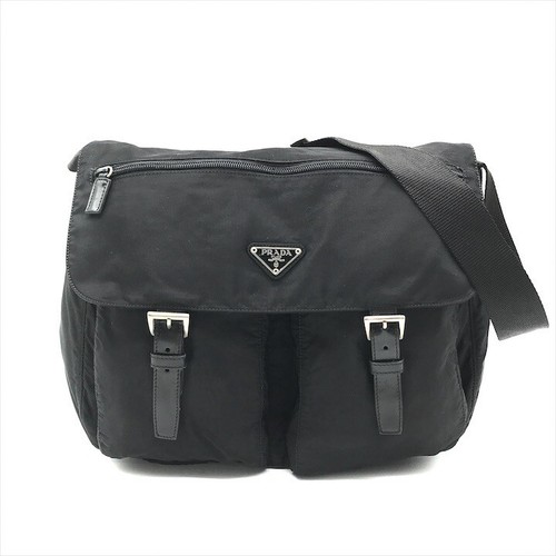 Used Prada Messenger Shoulder Bag Nylon Black Triangle Logo Plate K2449