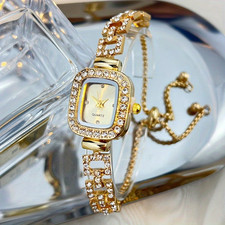 Elegant Golden Shiny Rhinestone Women Watch Adjustable Bracelet Quartz Gift New