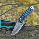 Custom Wood Handle Damascus Steel Blade Hunting Skinner Knife, Engraved Sheath