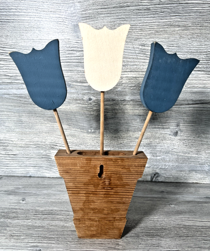 Vintage handgefertigte hölzerne Tulpen im Pflanzgefäß Frühling Ostern Landhaus Kern Wanddekoration 11 Zoll - Bild 3 von 9