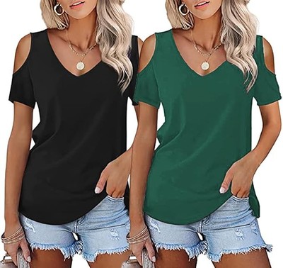 Damen Frauen T-Shirts Tops T-Shirts Größe XL Kurzarm Oberteil V-Ausschnitt Cold Shoulder