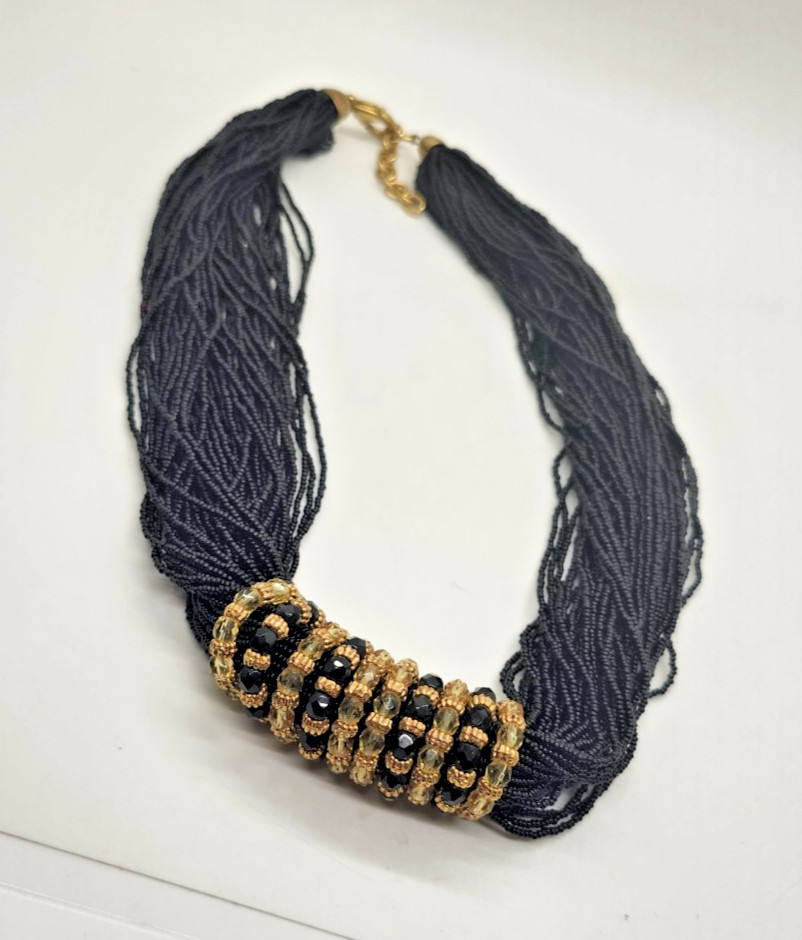 ​Bib Style: Vintage Black Seed Bead Multi Strand Bib Necklace Gold Tone 80'S