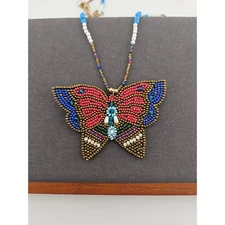 ZAD Butterfly Beaded Pendant Necklace Gold Artsy Bohemian Southwestern Hippie