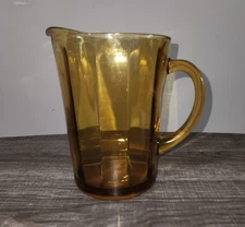 Vintage Amber Glass Pitcher Hazel Atlas Waterfall Optic Ribbed Gold MCM 1960s