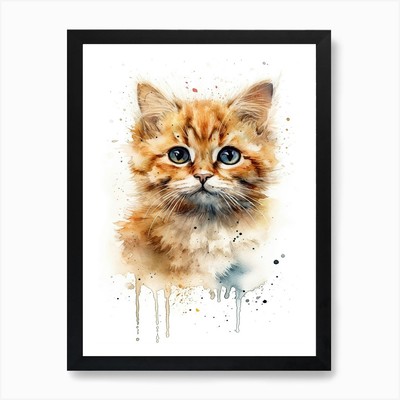Gerahmtes Wandbild Poster Leinwanddruck Bild Baby Katze Kätzchen Aquarell Kinderzimmer