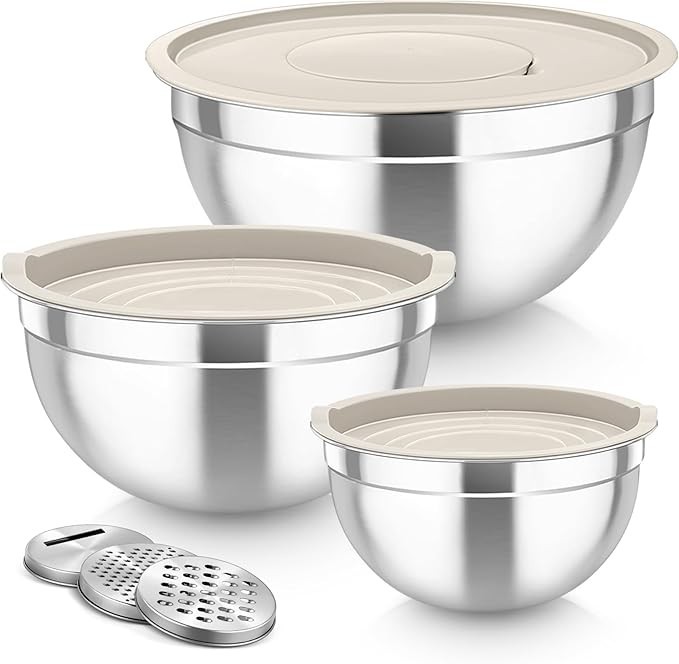 Mixing Bowl with Lids Set of 3, Stainless Steel Nesting Salad Bowls for Servi
